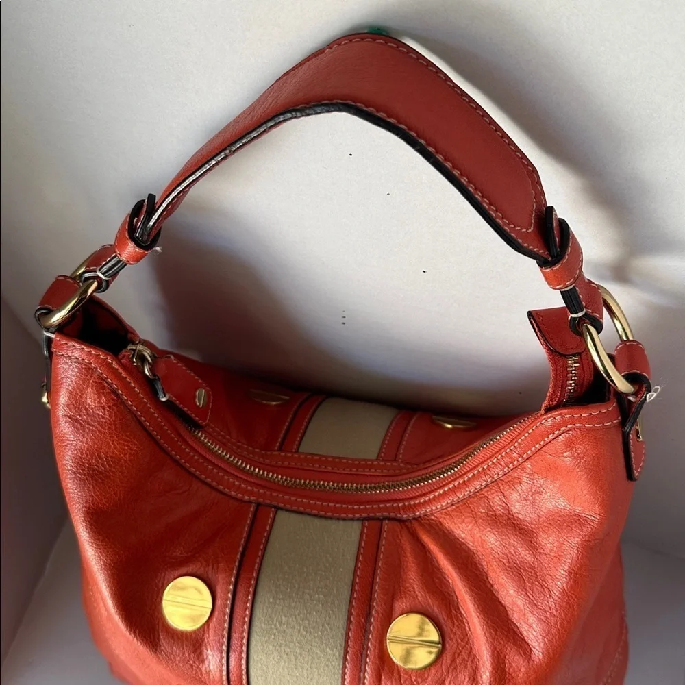 🔥 Milly Orange Coral Leather Carryall Hobo Shoulder Bag Gold Studs Suede Accent
